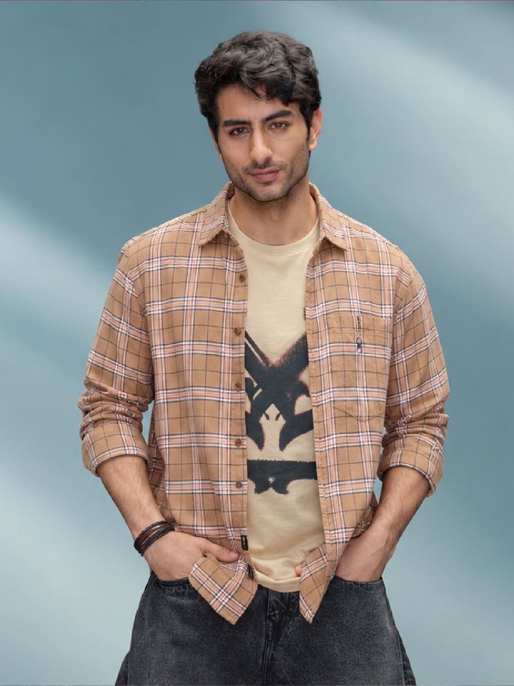 Slim Fit Full Sleeve Flannel Shirt | Khaki