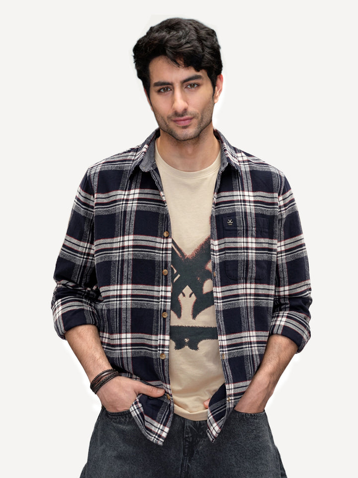 Slim Fit Flannel Full Sleeve Shirt | Navy Blue