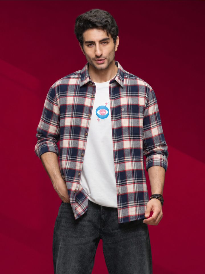 Slim Fit Flannel Full Sleeve Shirt | Navy Blue