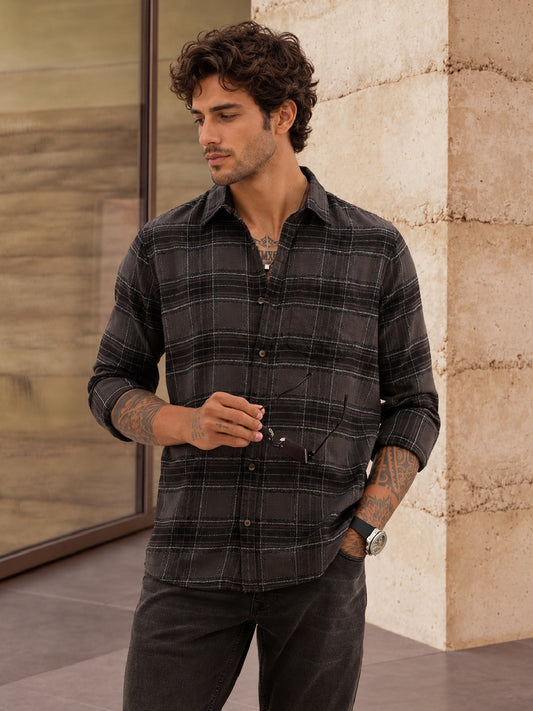 Slim Fit Full Sleeve Flannel Shirt | Dark Grey