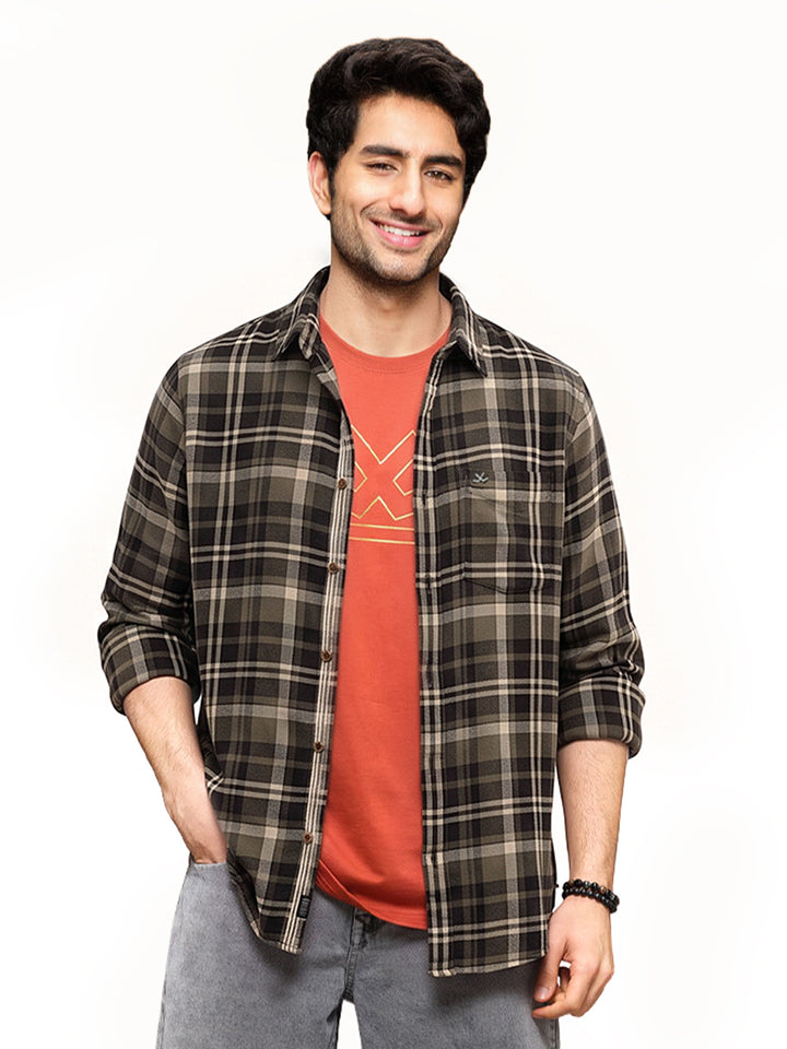 Slim Fit Flannel Full Sleeve Shirt | Olive