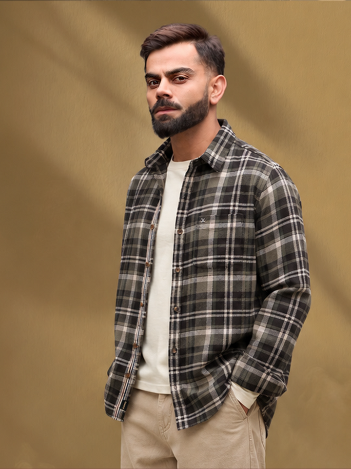 Slim Fit Flannel Full Sleeve Shirt | Olive