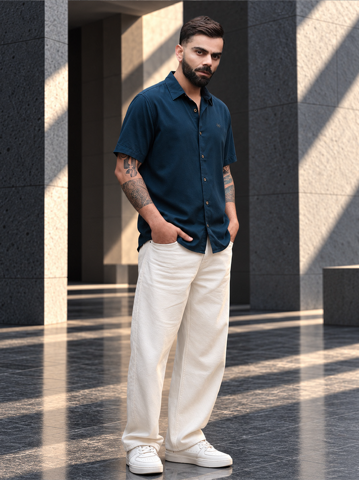 Slim Fit Viscose Bamboo Half Sleeve Shirt | Teal