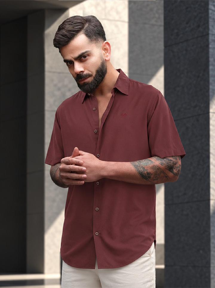 Slim Fit Viscose Bamboo Half Sleeve Shirt | Wine