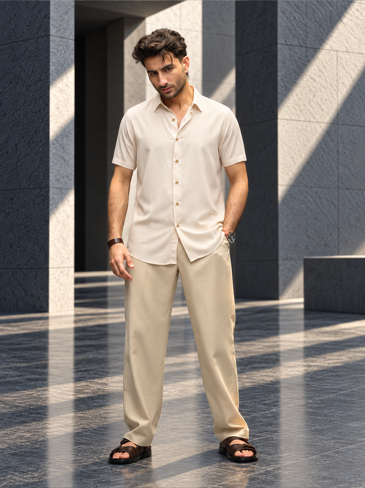 Solid Slim Fit Half Sleeves Shirt | Beige