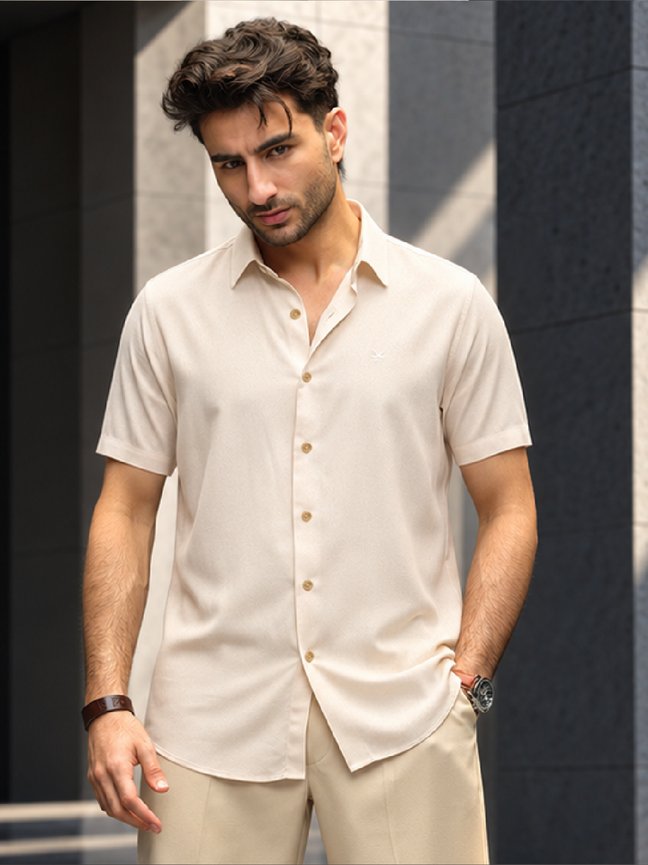 Solid Slim Fit Half Sleeves Shirt | Beige