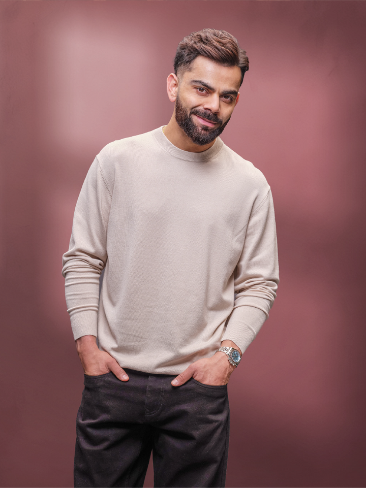 Solid Comfort Fit Full Sleeve Sweater | Beige