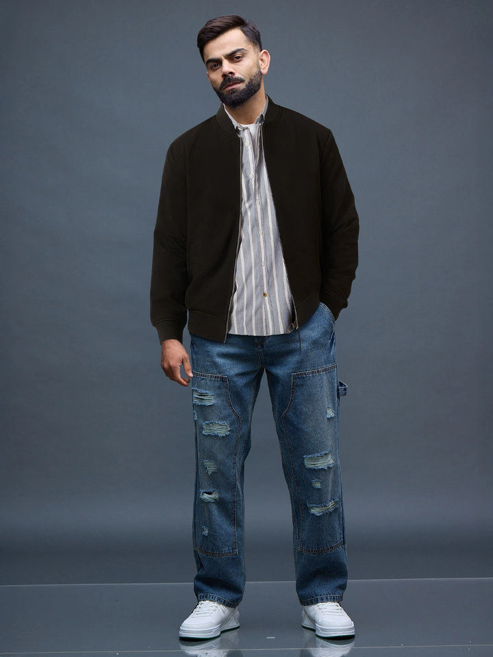 Solid Casual Black Bomber Jacket