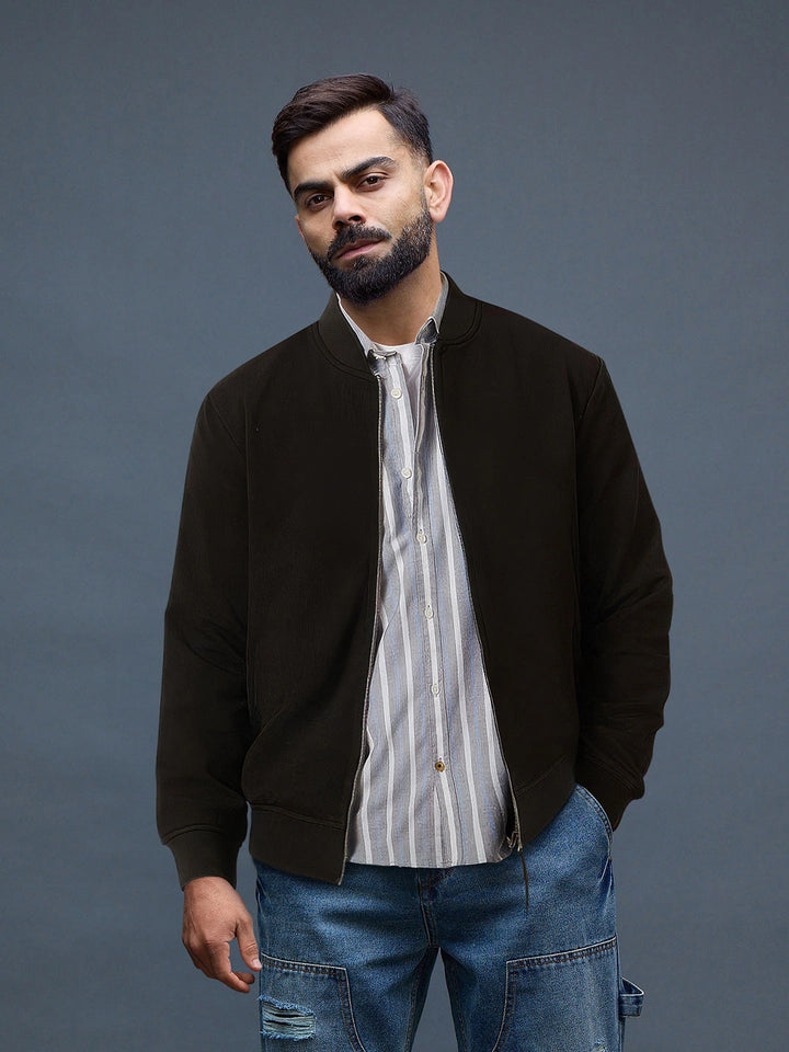 Solid Casual Black Bomber Jacket