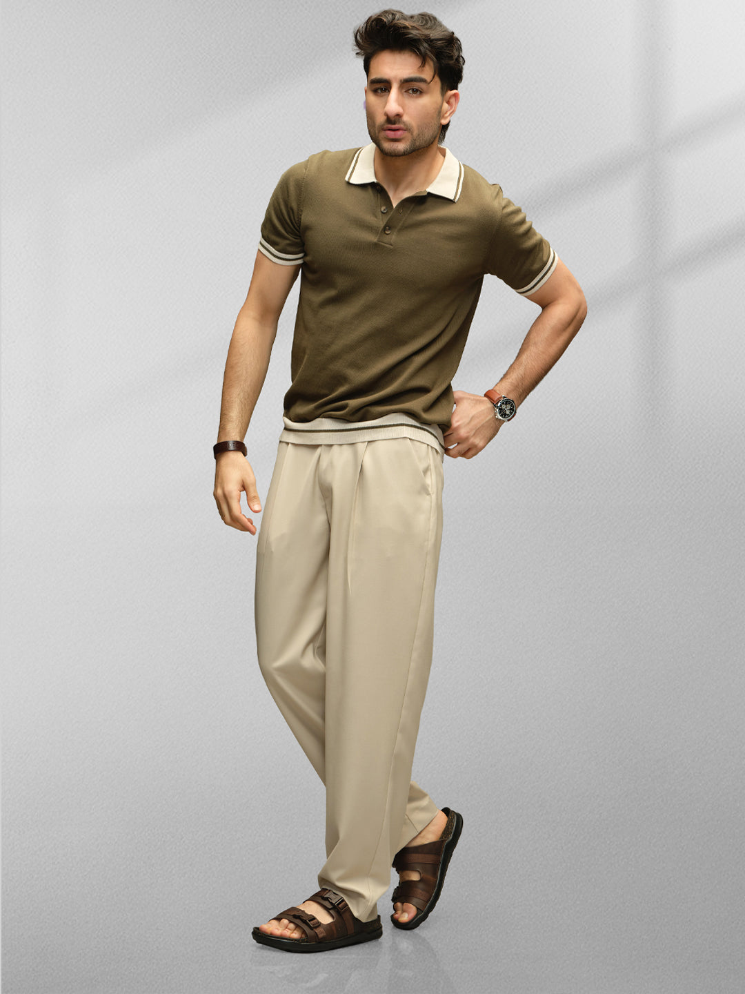 Anti Fit Pleated Trouser | Beige