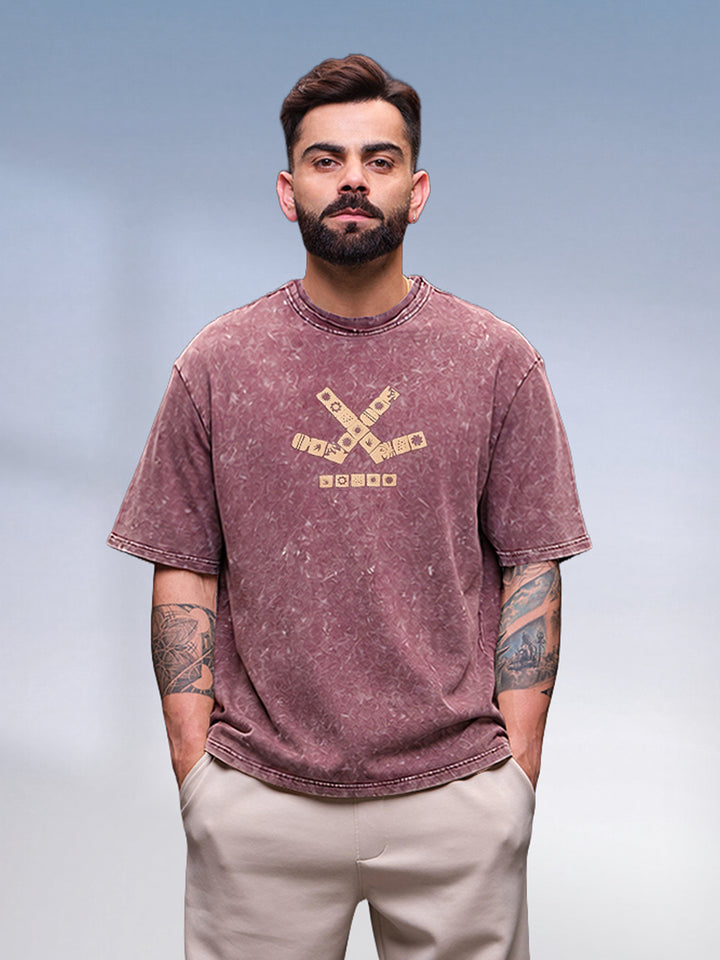 Washed Placement Printed Oversized T-Shirt   |  Maroon