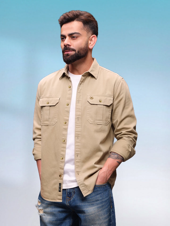 Fine Corduroy Slim Fit Shirt | Beige