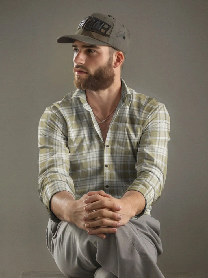 Textured Checks Cotton Shirt | Khaki