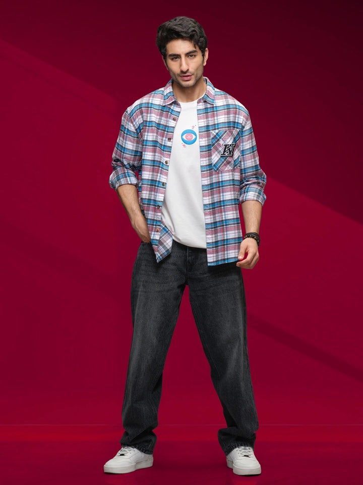 Textured Checkered Patchwork Shirt | Blue