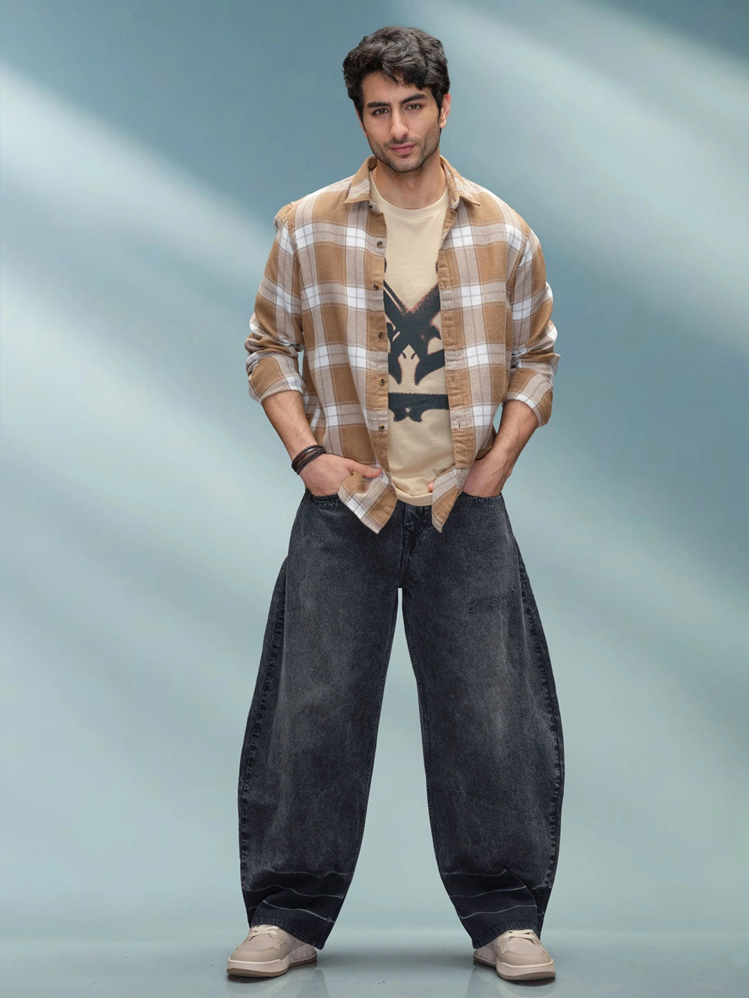 Double Layered Check Slim Fit Shirt | Brown