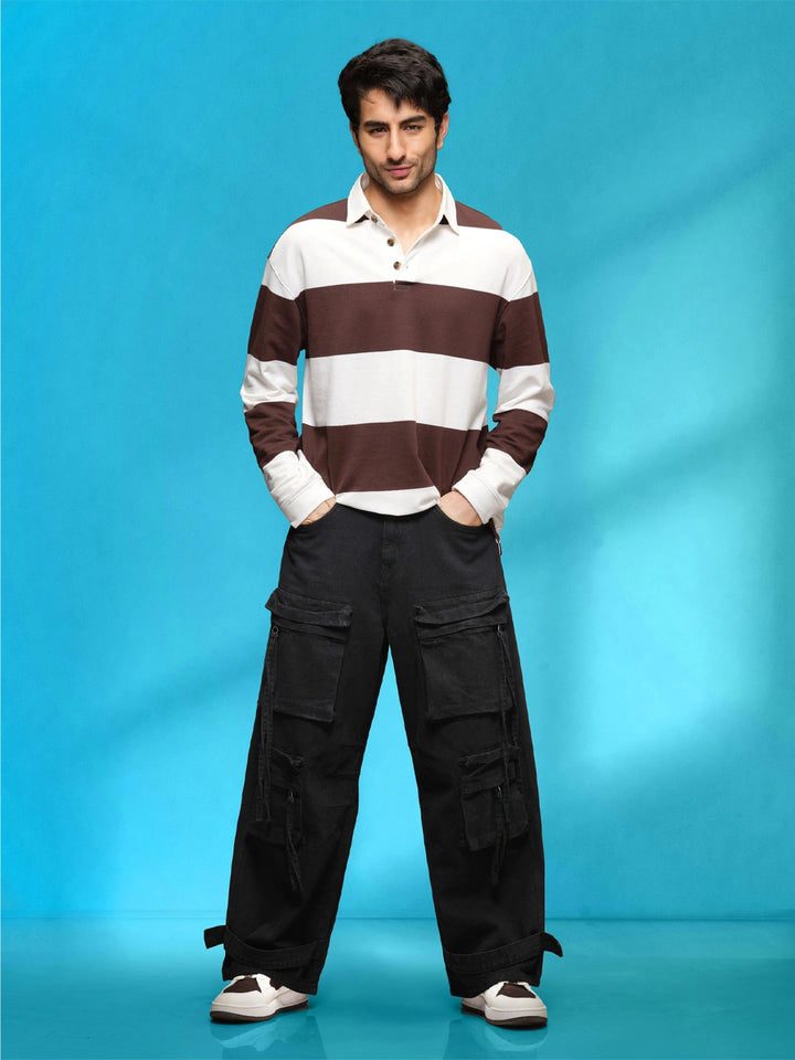 Yarn Dyed Striped Rugby Polo With Twill Collar | Brown