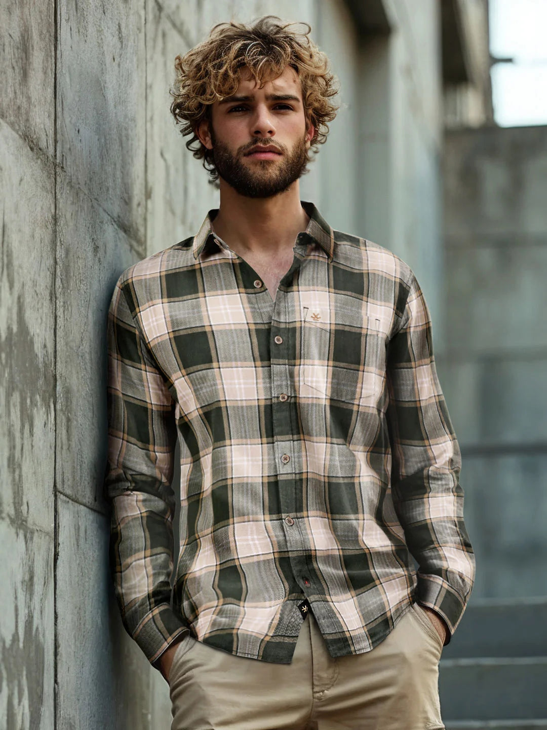Herringbone Textured Check Shirt | Green