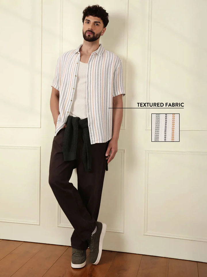 Striped Short Sleeve Textured Shirt | Off White