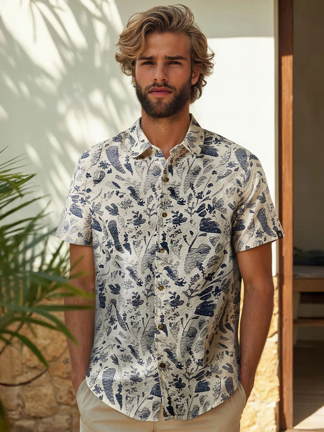 Textured Cotton Dobby AOP shirt | Navy Blue
