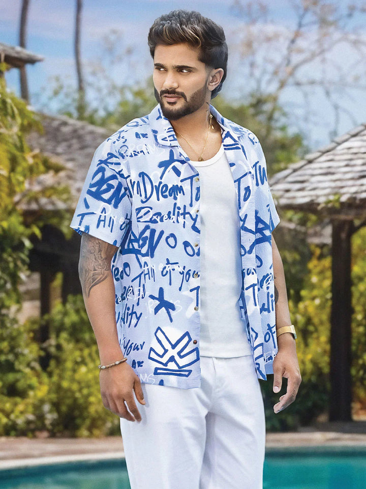 Textured Light Weight AOP Shirt | Blue