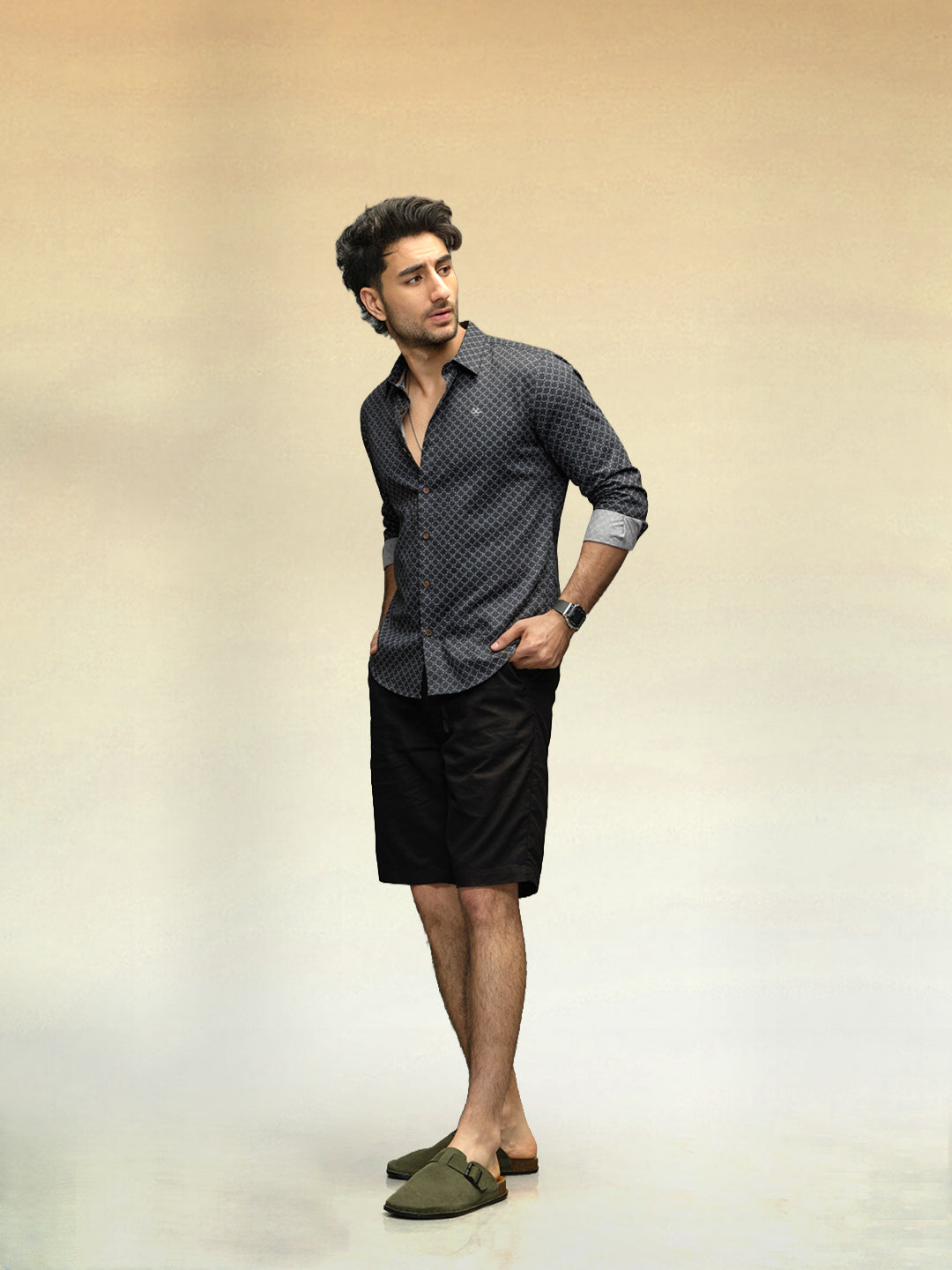 Printed Satin Slim Fit Shirt | Black