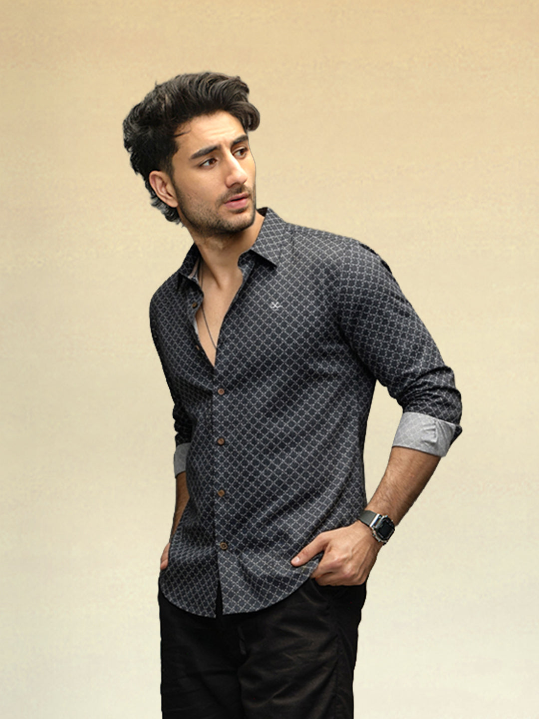 Printed Satin Slim Fit Shirt | Black