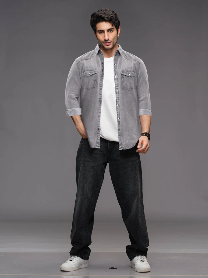 Men's Washed Slim Fit Denim Shirt | Grey
