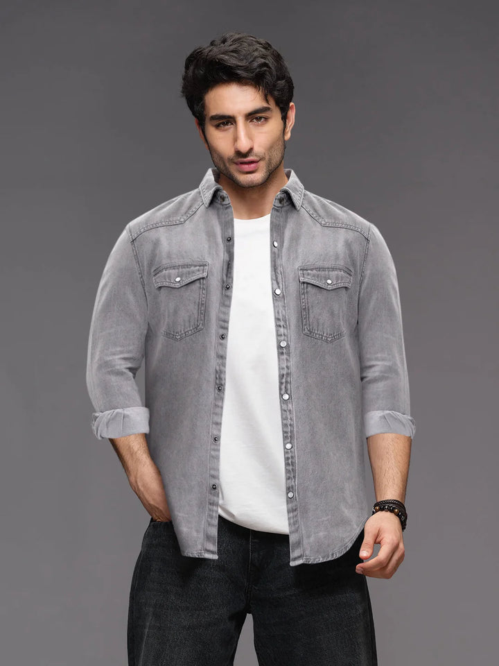 Men's Washed Slim Fit Denim Shirt | Grey