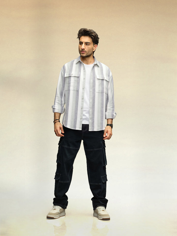 Textured Striped Double Pocket Oevrsized Fit Shirt | Green