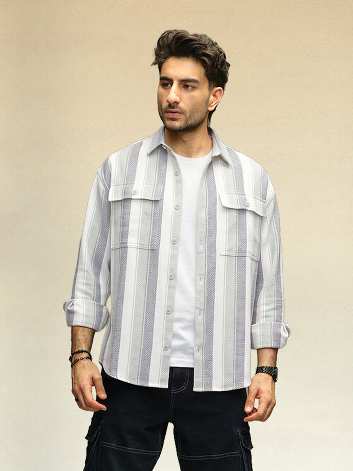Textured Striped Double Pocket Oevrsized Fit Shirt | Green