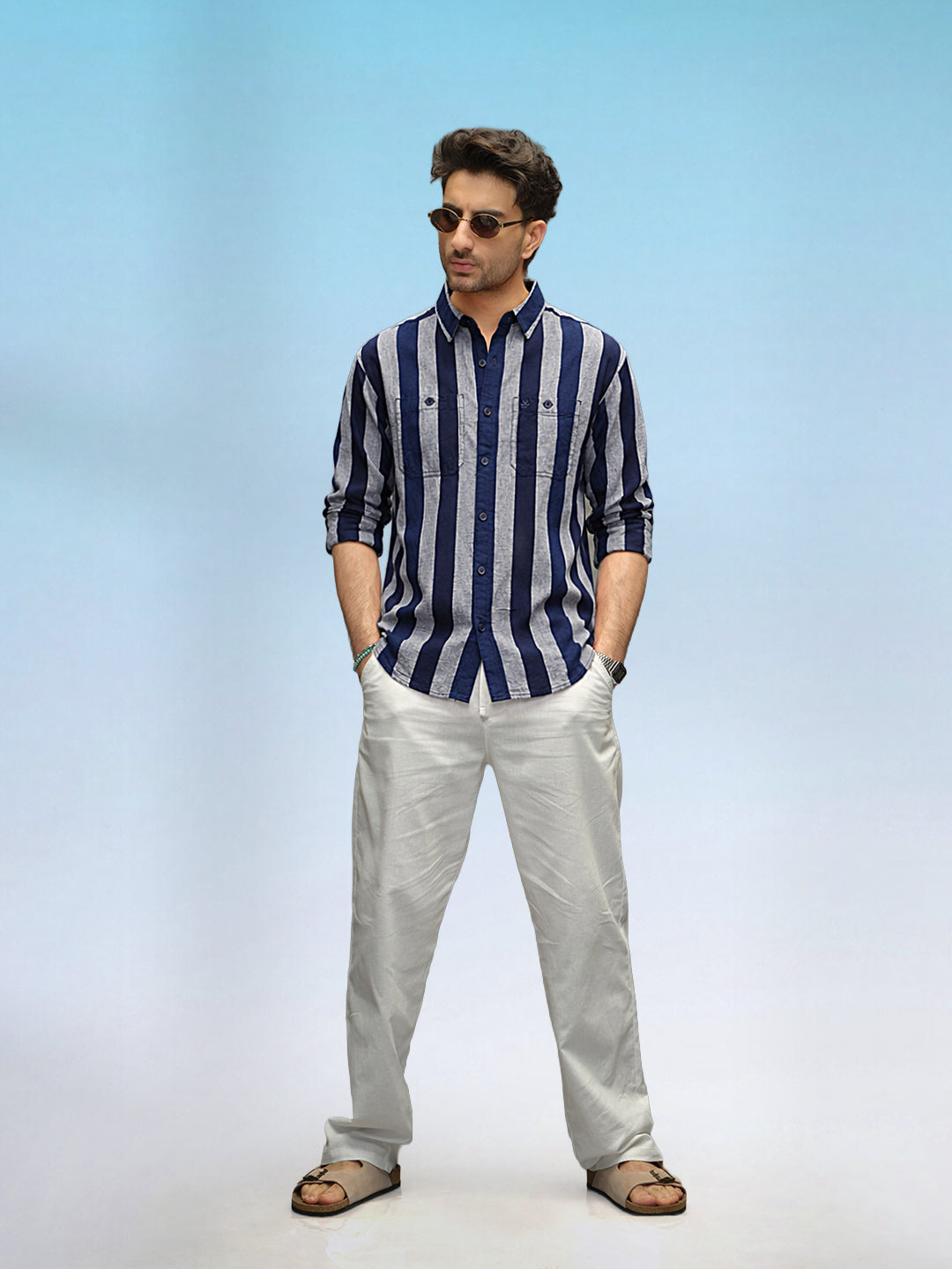 Textured Striped Cotton Shirt | Blue