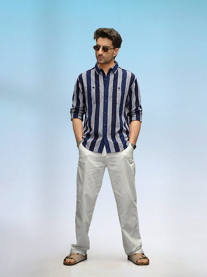 Textured Striped Cotton Shirt | Blue