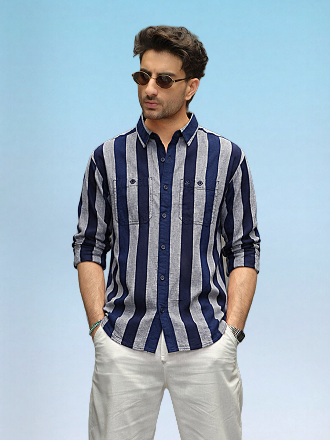 Textured Striped Cotton Shirt | Blue