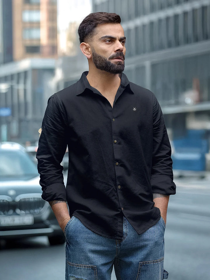 Linen Blend Slim Fit Shirt | Black
