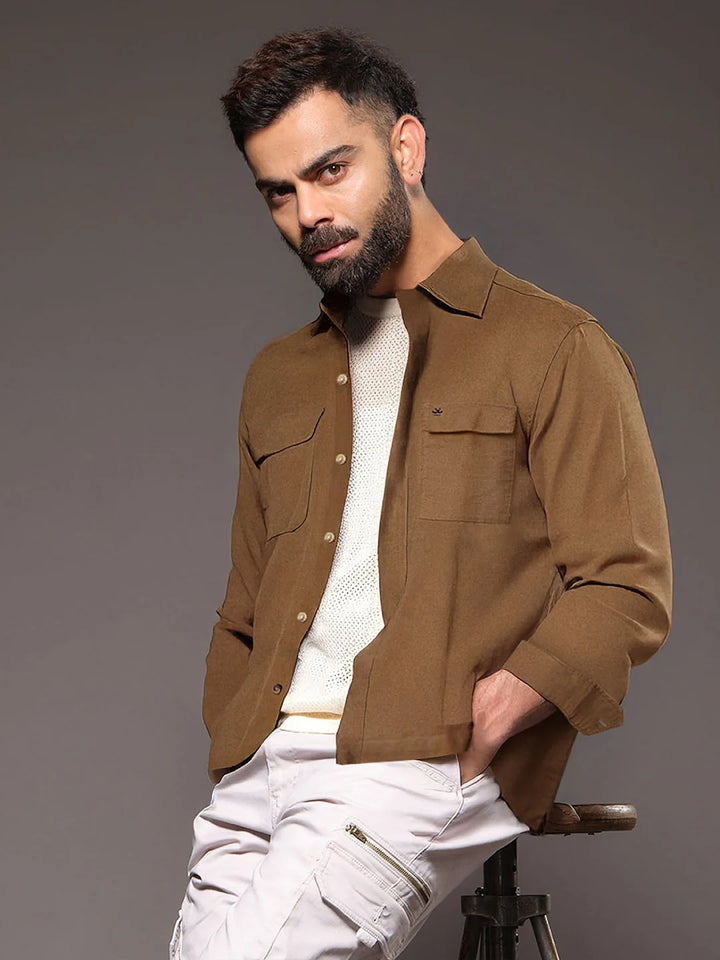 Solid Regular Fit Shacket | Khaki