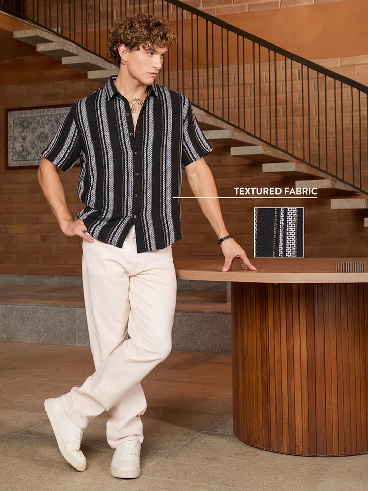 Striped Open Dobby Shirt | Black