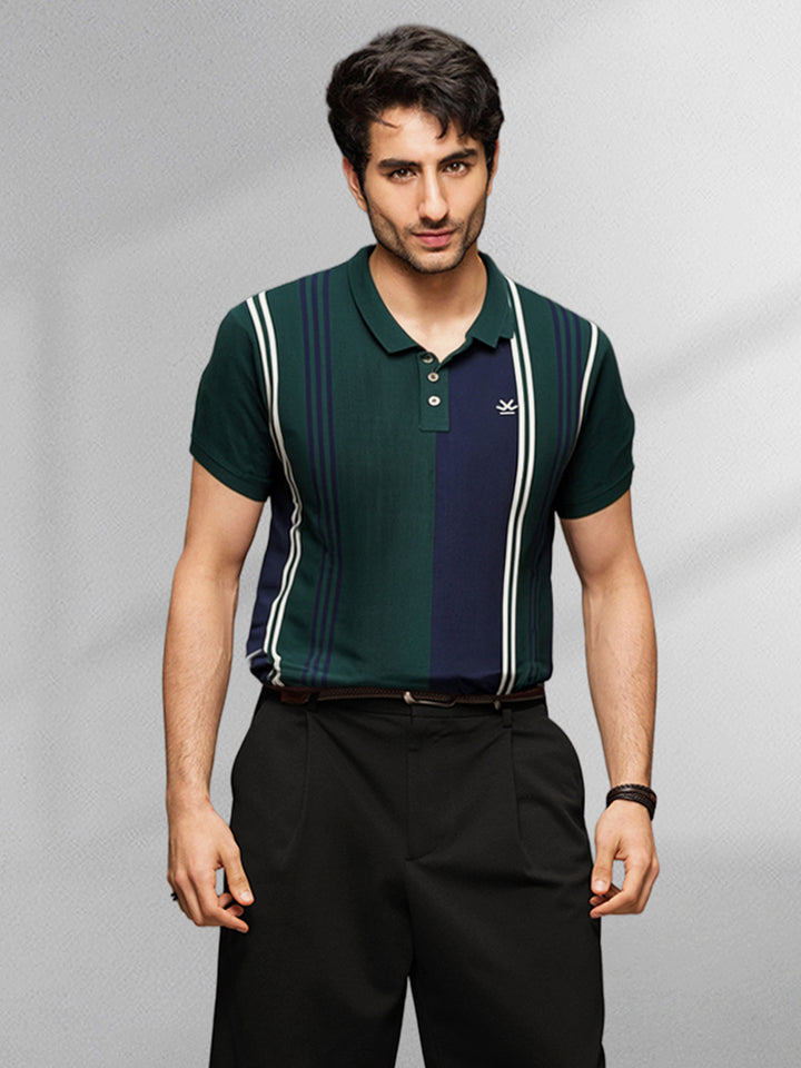 Vintage Stripes Yarn Dyed Polo T-Shirt | Dark Green