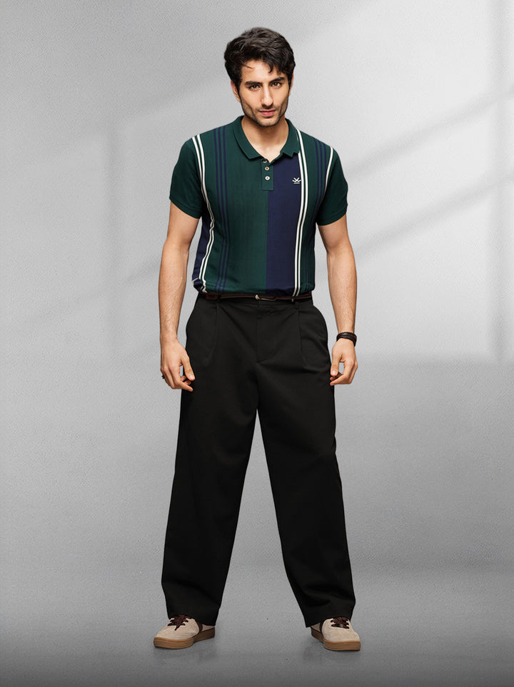 Vintage Stripes Yarn Dyed Polo T-Shirt | Dark Green