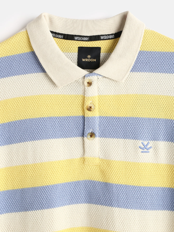 Textured Stripes Yarn Dyed Polo T-Shirt | Off White