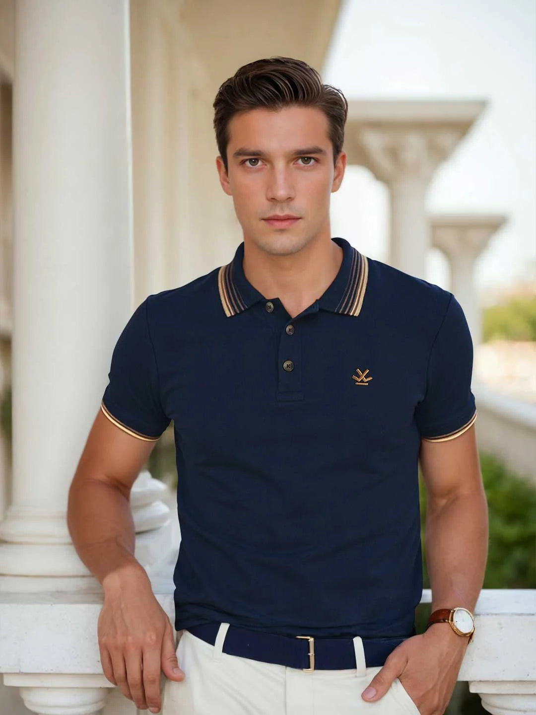 Jacquard Collar Pique Polo T-Shirt | Navy
