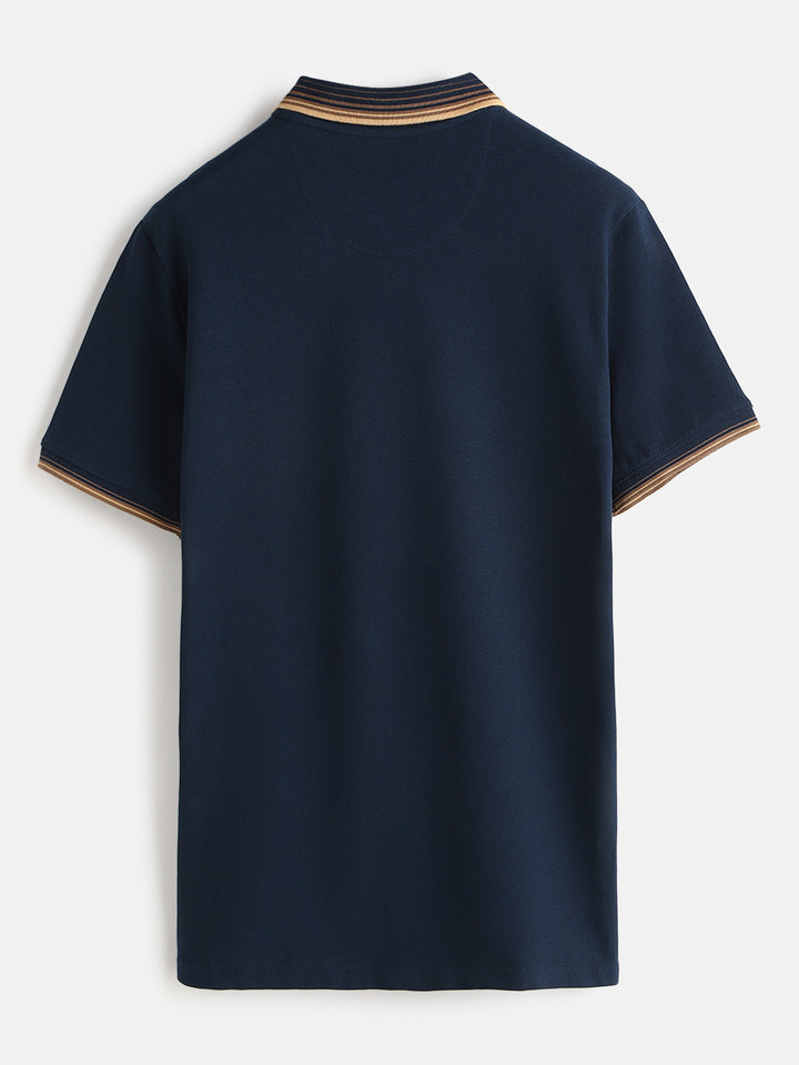 Jacquard Collar Pique Polo T-Shirt  | Navy Blue