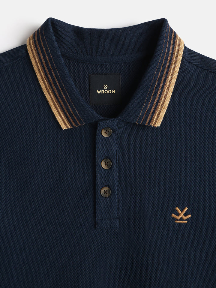 Jacquard Collar Pique Polo T-Shirt  | Navy Blue