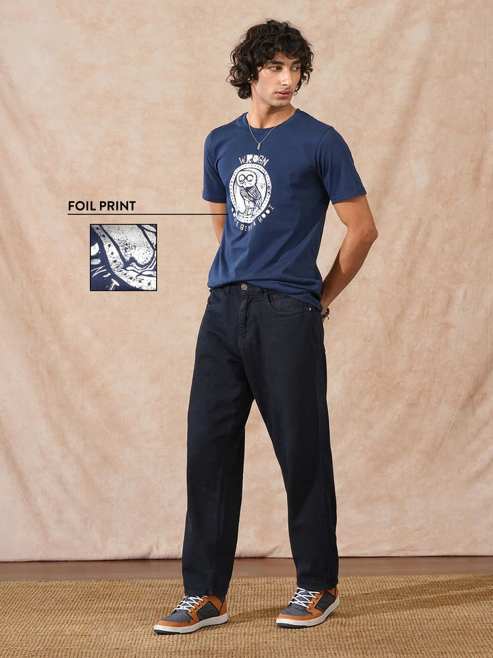 Foil Printed Slim Fit T-Shirt  | Navy Blue