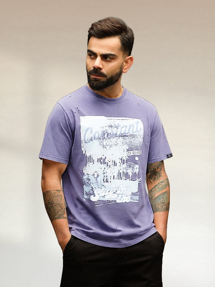 Oversized Washed Distressed Graphic T-Shirt  | Navy Blue