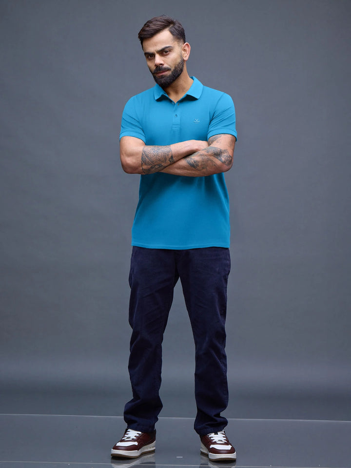 Tonal Logo Printed Slim Fit Polo T-Shirt I Blue