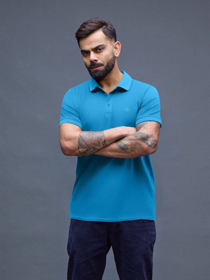 Tonal Logo Printed Slim Fit Polo T-Shirt I Blue