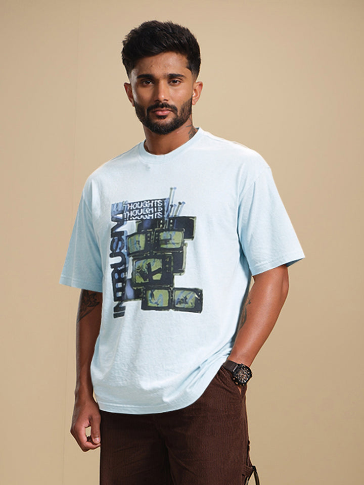 Retro Tv Graphic Printed Oversized Fit Tshirt | Light Blue