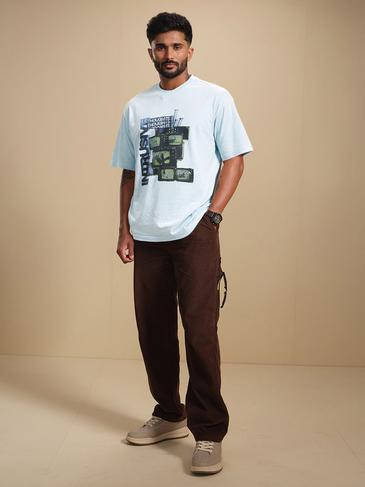 Retro Tv Graphic Printed Oversized Fit Tshirt | Light Blue