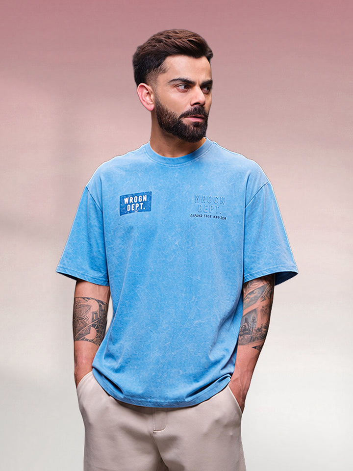 Washed Oversized Crew Neck Tshirt With Print | Blue