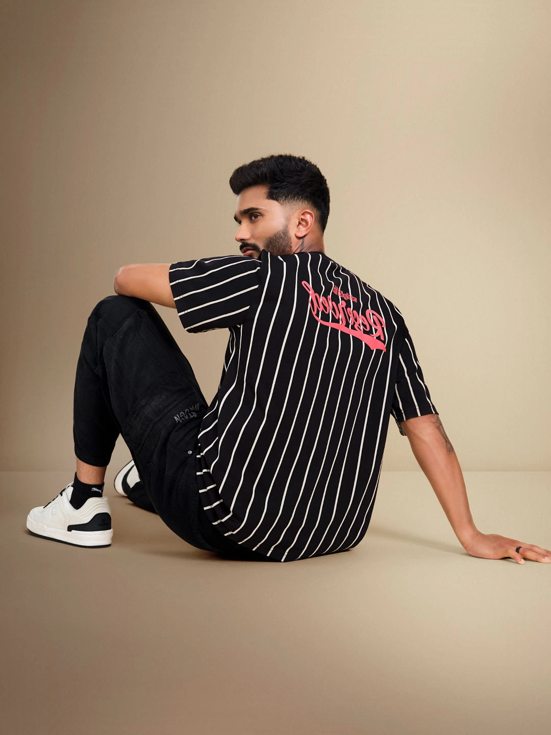 Striped Oversized Fit T-shirt With Puff Print | Black